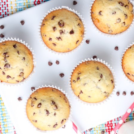 An overhead picture of the finished Chocolate Chip Muffins on a white serving platter.