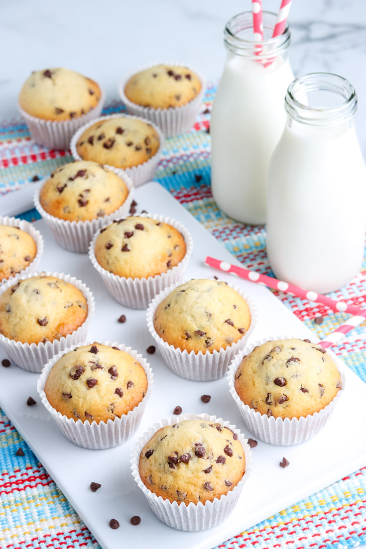 The finished Easy Chocolate Chip Muffins on a serving platter. 