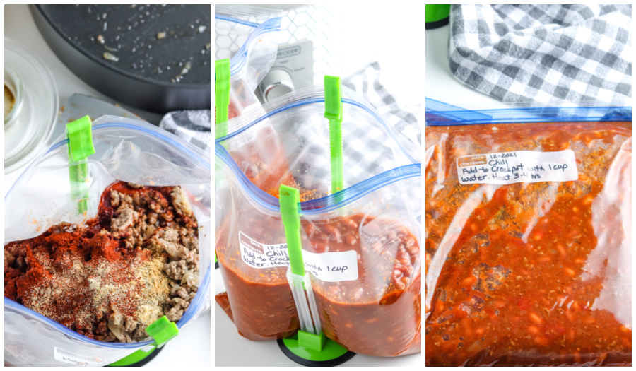 A picture collage showing how to freeze chili.