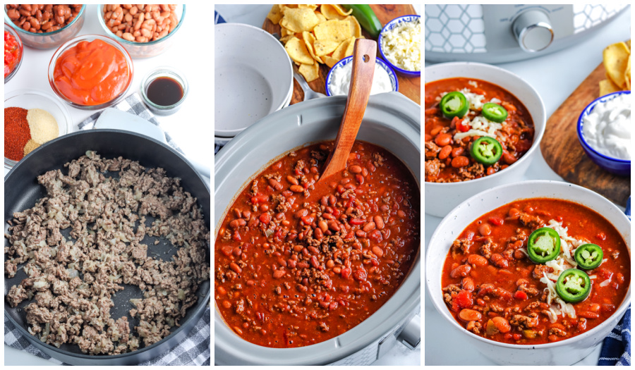 A picture collage showing how to make Crockpot chili.