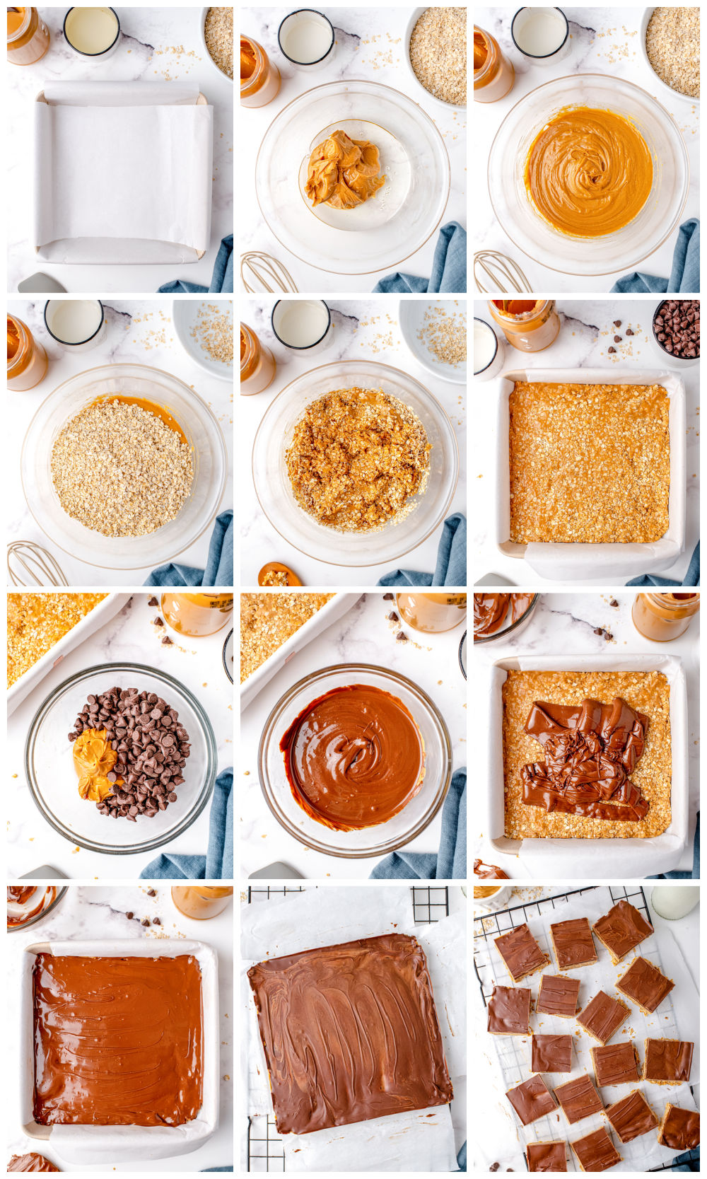 A picture collage showing how to make this No-Bake Chocolate Peanut Butter Oatmeal Bars recipe.
