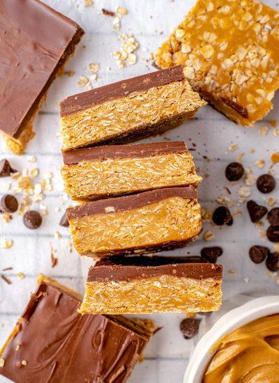 A stack of the finished No-Bake Chocolate Peanut Butter Oatmeal Bars.