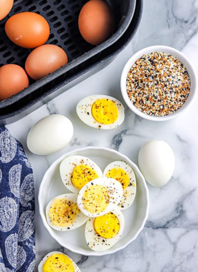 A close up overhead picture of the finished Air Fryer Hard Boiled Eggs.