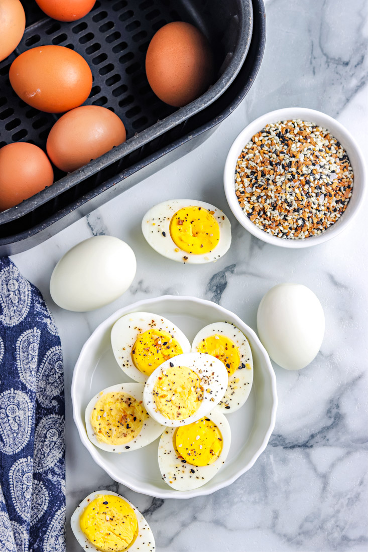 A close up overhead picture of the finished Air Fryer Hard Boiled Eggs. 