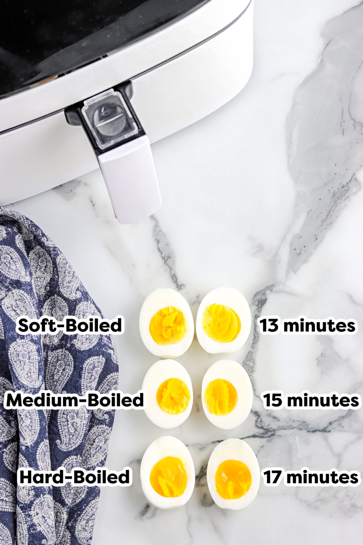 An overh head picture showing the cooking times with different eggs cooked to different doneness like soft, medium, and hard boiled.