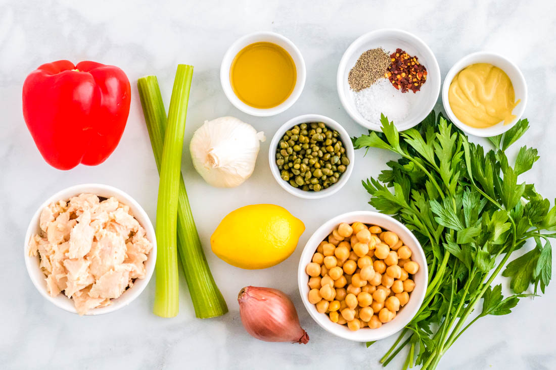 All of the ingredients needed to make this Healthy Tuna Salad recipe.