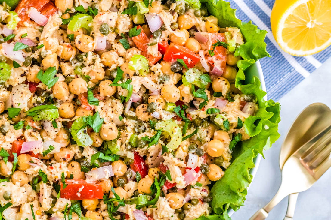 The finished healthy tuna salad with chickpeas in it.