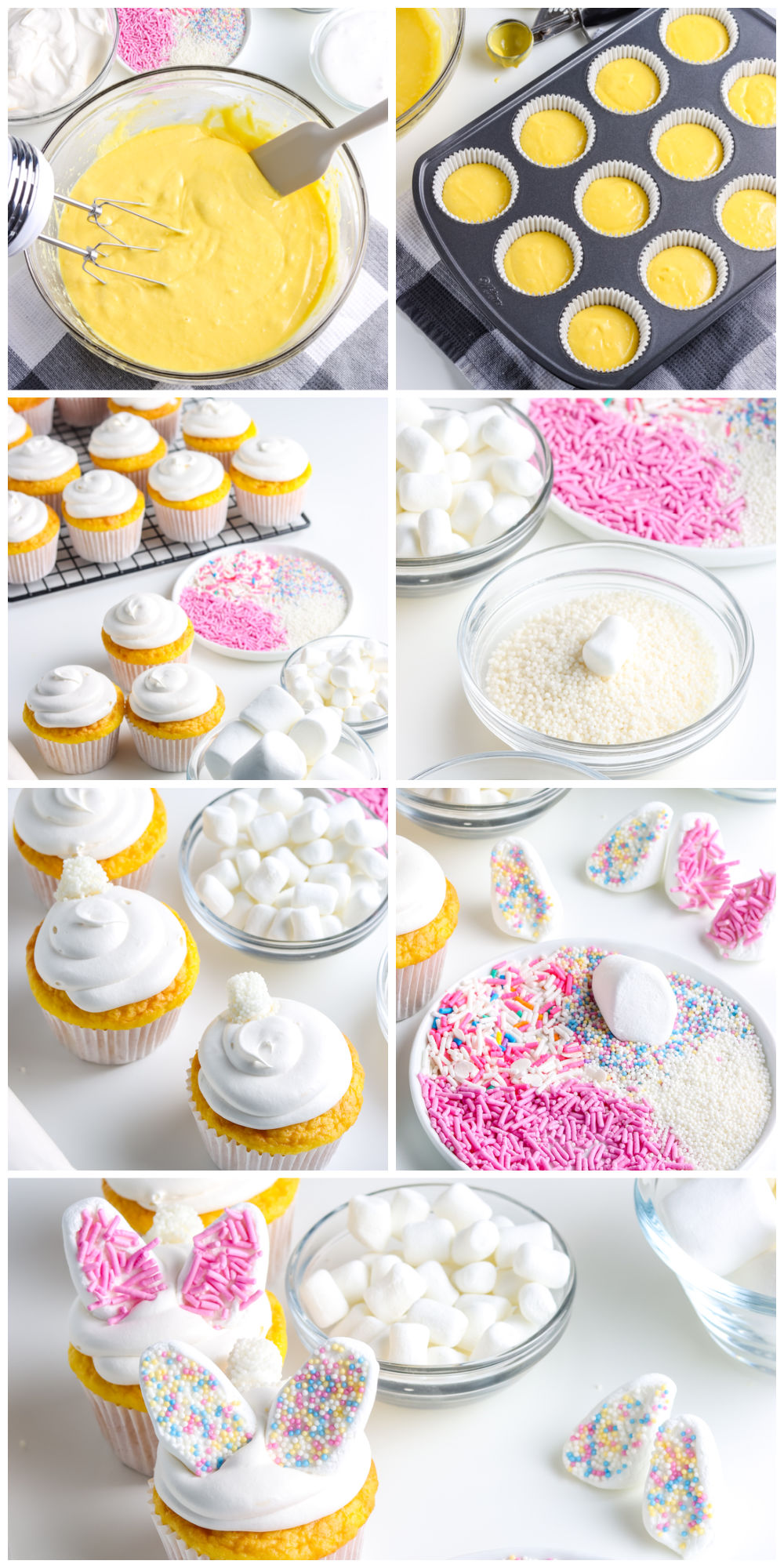 A picture collage showing how to make this Bunny Cupcakes recipe.