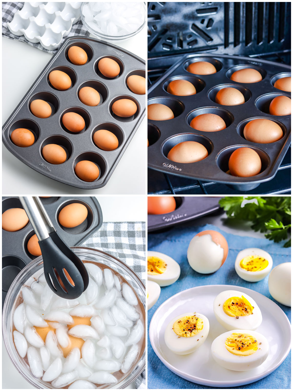 A picture collage showing how to bake hard boiled eggs.