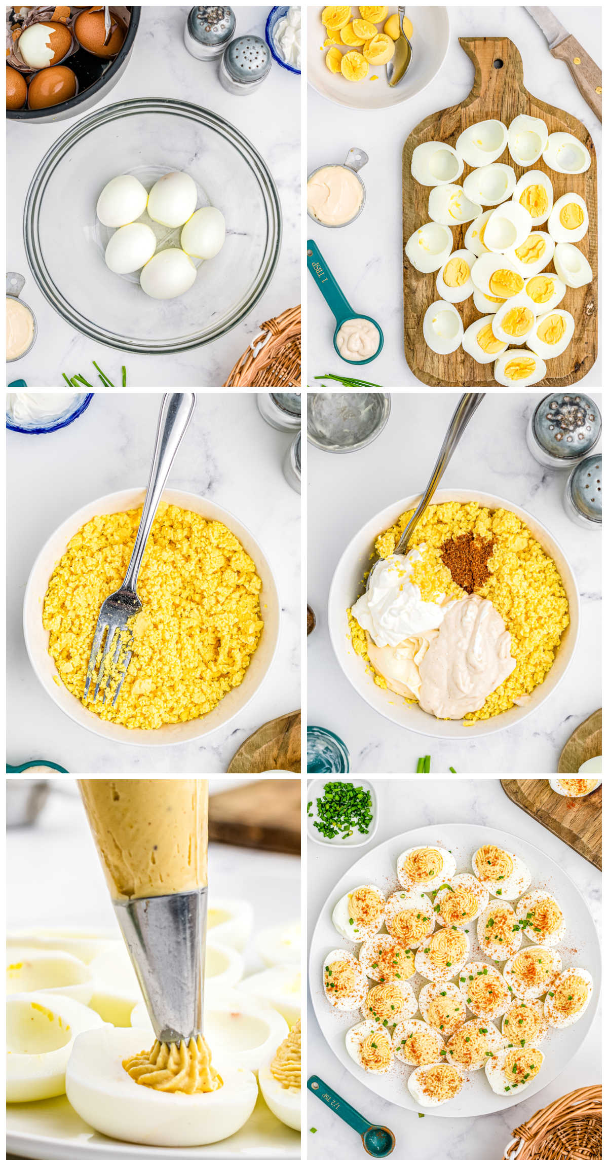 A picture collage showing how to make deviled eggs.