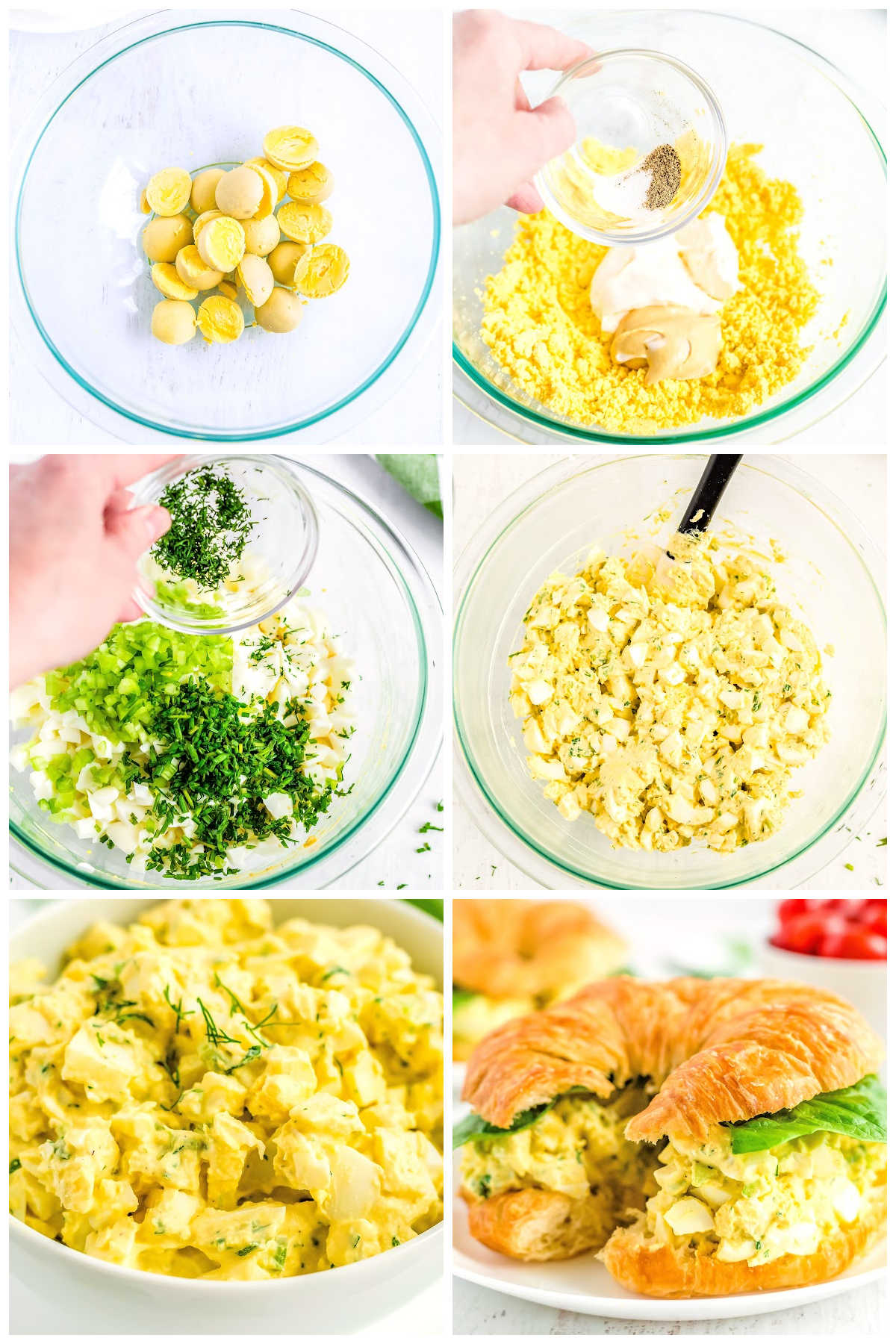 A picture collage showing how to make this egg salad sandwich recipe.