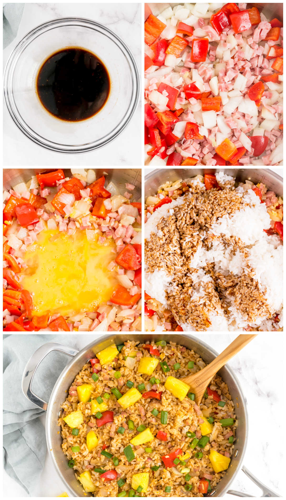 A picture collage showing how to make this Pineapple Fried Rice recipe.