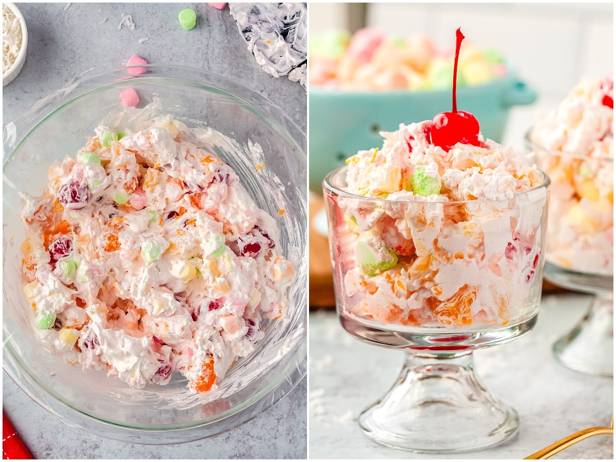 a collage showing how to make ambrosia salad by chilling the ingredients in the fridge and serving