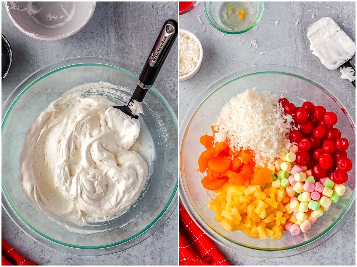 a collage showing how to make Ambrosia salad by folding the Cool whip and the ingredients together