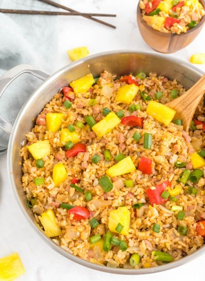 An overhead picture of the finished Pineapple Fried Rice in a frying pan.