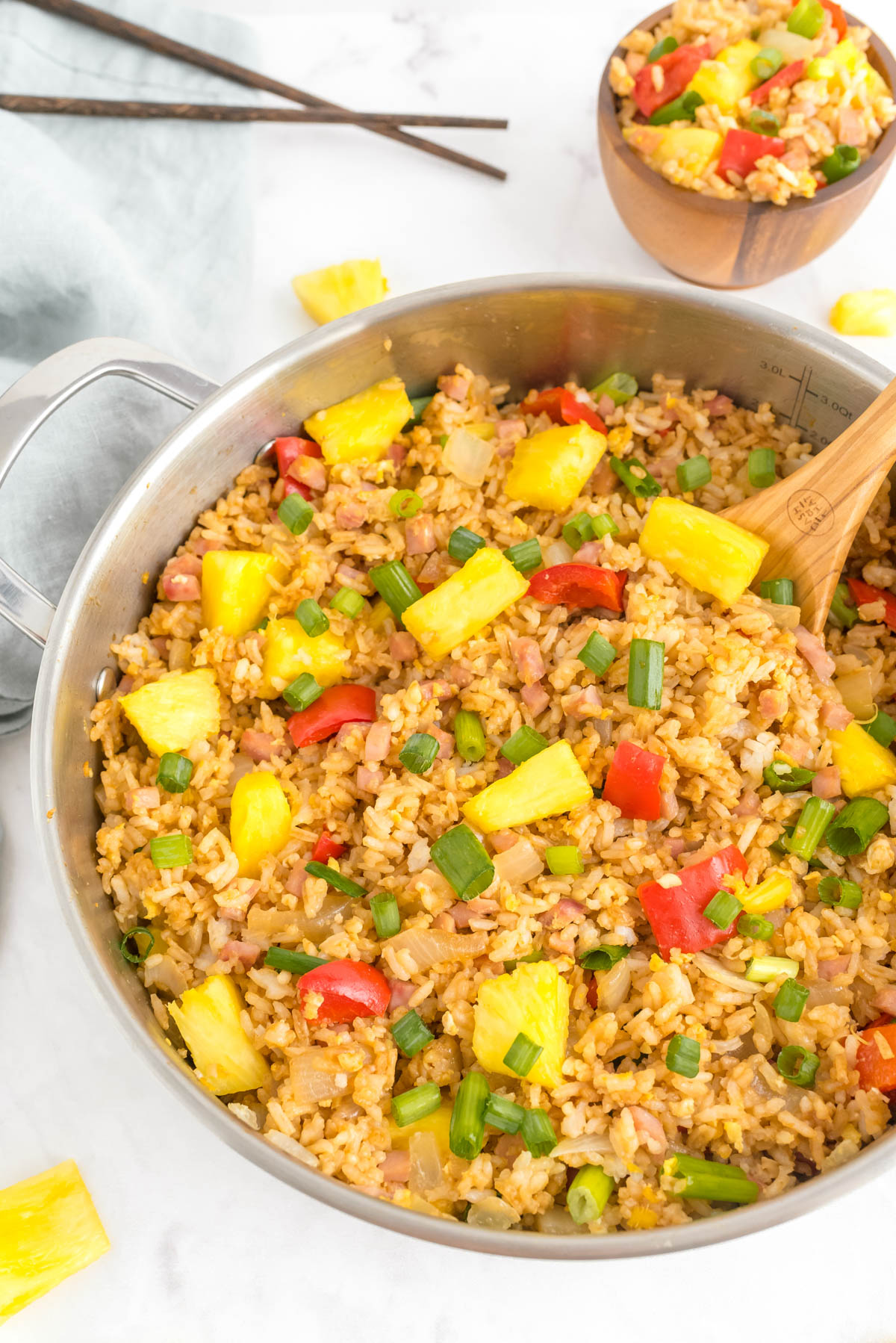 An overhead picture of the finished Pineapple Fried Rice in a frying pan. 
