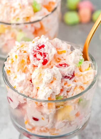 Ambrosia in an individual glass serving dish.