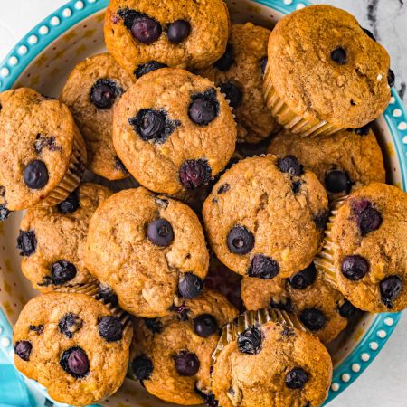 A close up overhead picture of the finished Banana Blueberry Muffins.