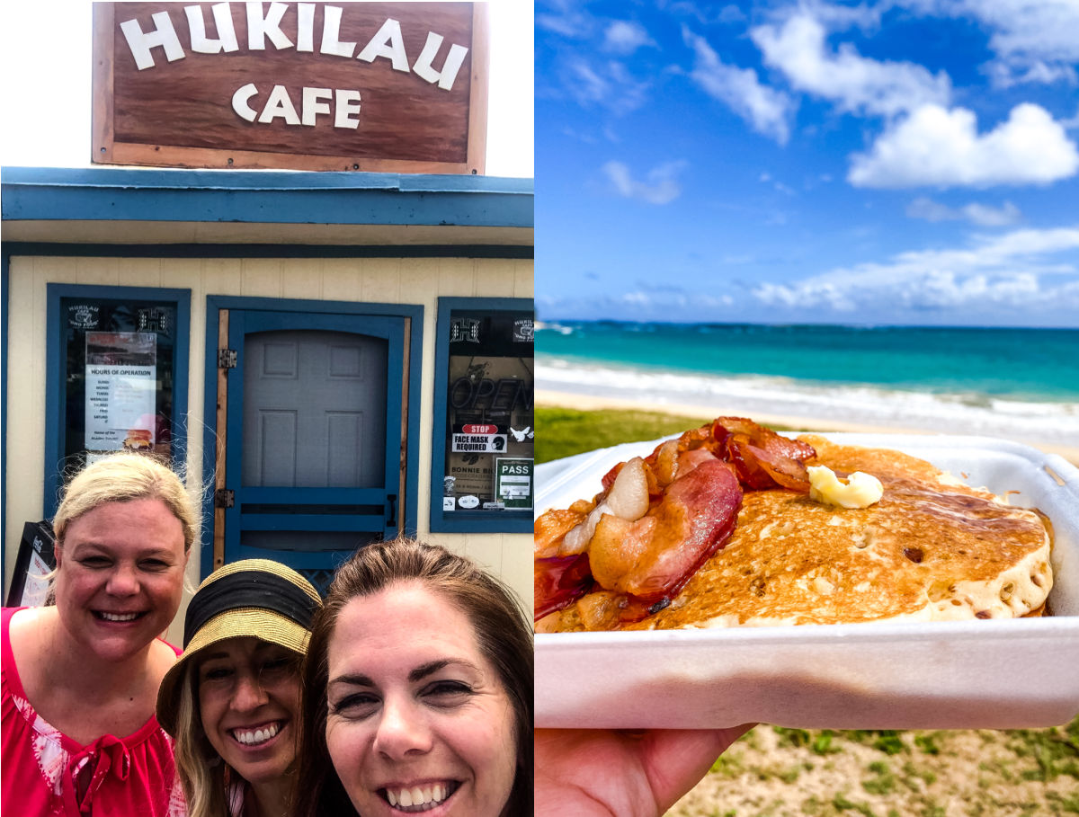 A picture collage showing what the banana pancakes look like from Hukilau Cafe on Oahu and us outside of the Cafe.