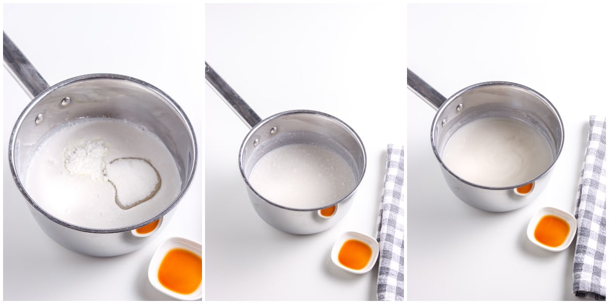 process shots for making coconut syrup by adding the ingredients to the pot, whisking the ingredients together, and bringing it to a low boil