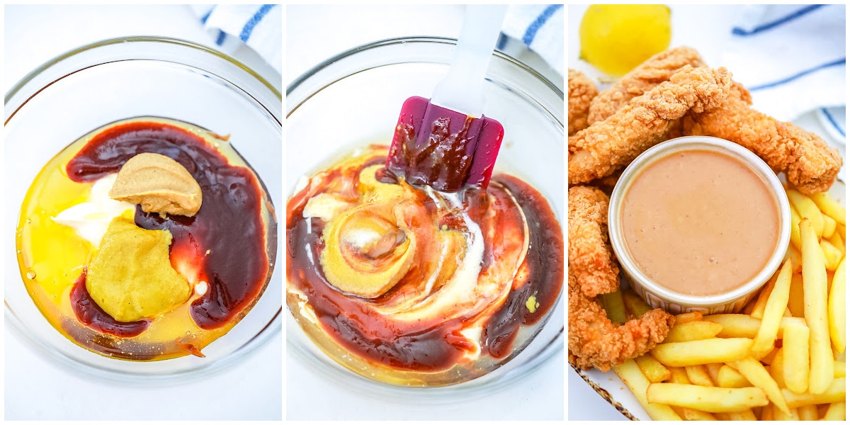 a collage showing how to make chick fil a sauce by adding the ingredients to a bowl, mixing, and serving.
