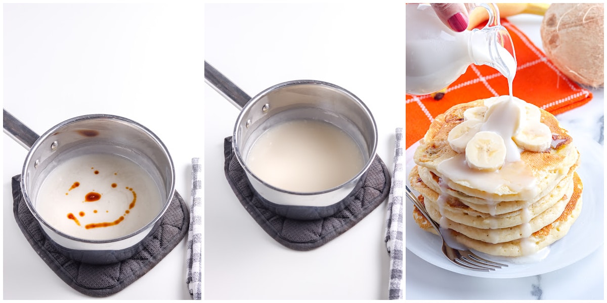process shots for making coconut syrup by whisking in the vanilla, letting it cool, and serving