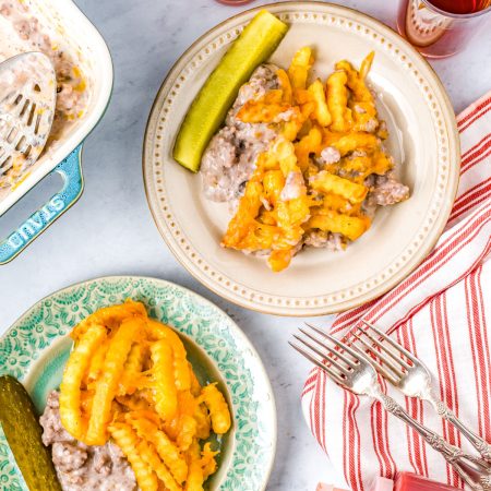 A close up overhead picture of some of the Cheeseburger and French Fry Casserole on plates.