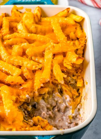 A close up picture of interior of the finished Cheeseburger French Fry Casserole.