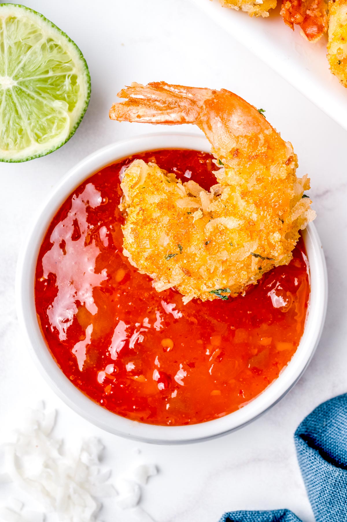 the finished Coconut Shrimp with Coconut Shrimp sauce.