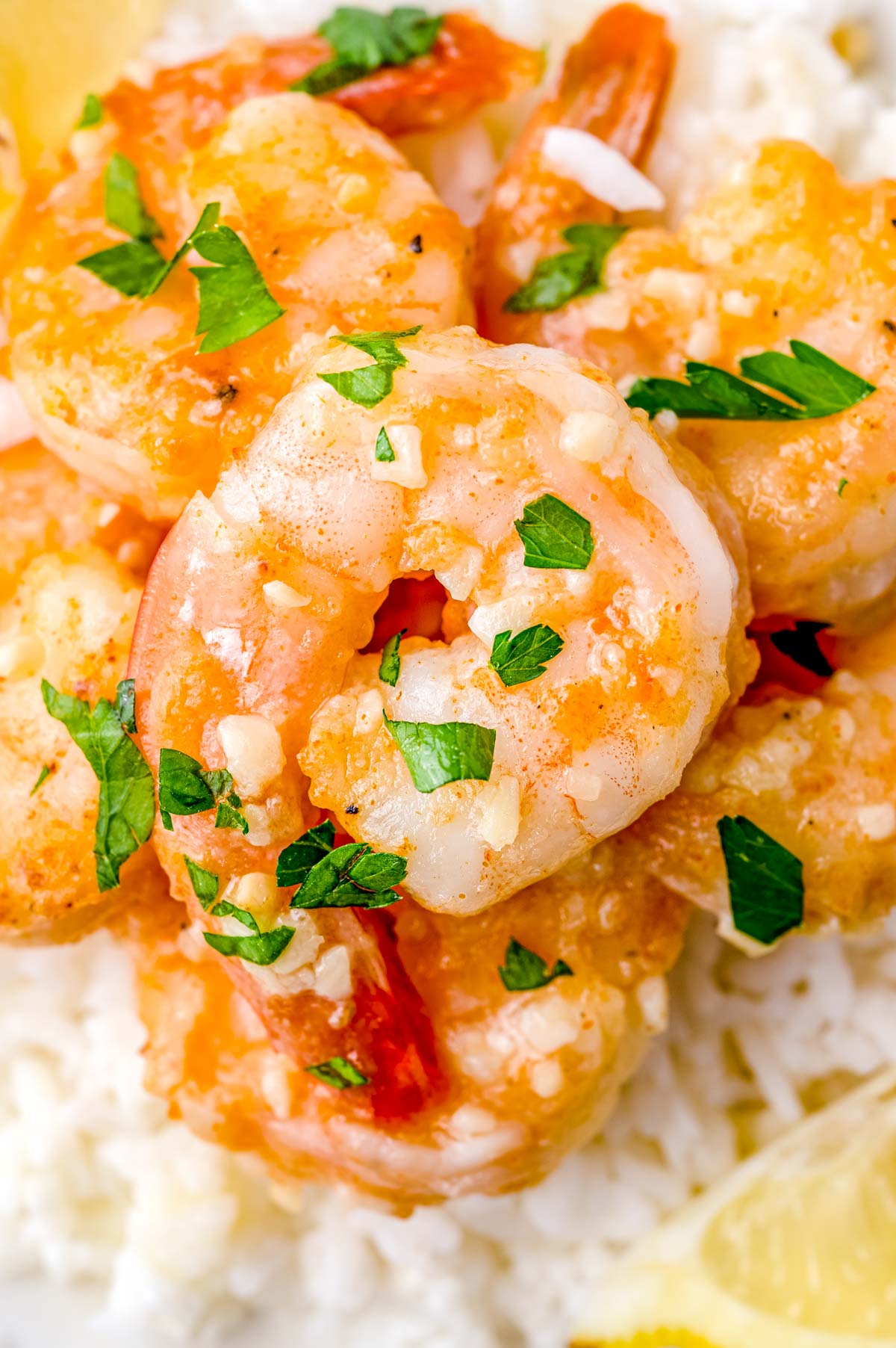 A close up picture of the finished Hawaiian Garlic Shrimp.