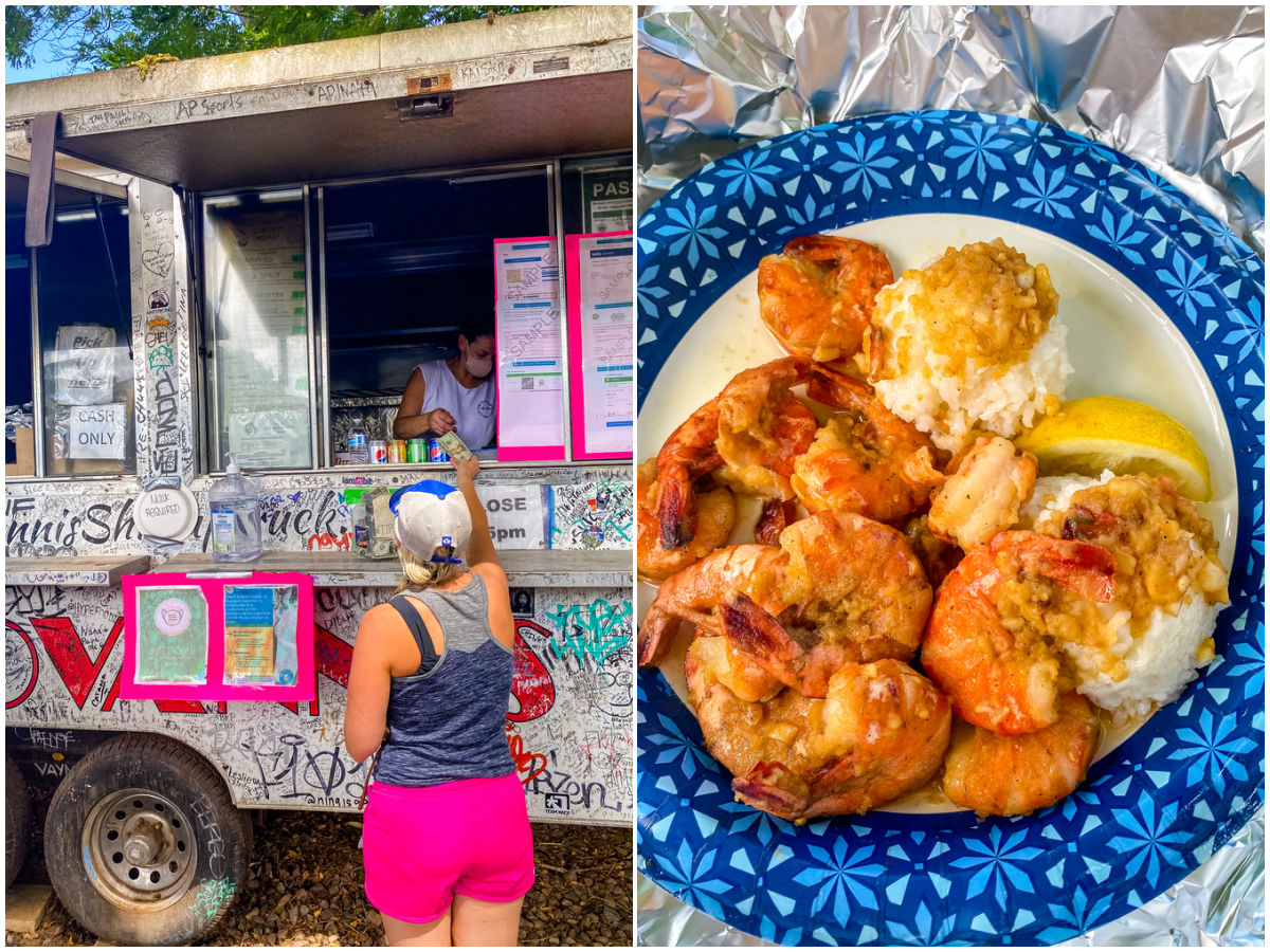 A picture of Giovanni's Shrimp Truck and a plate of the shrimp and rice you get from the food truck on Oahu.