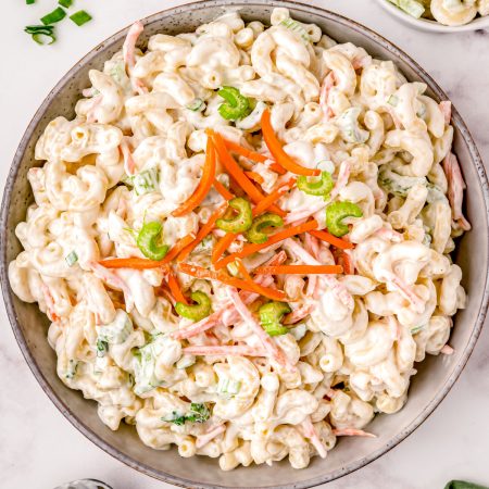 An overhead picture of the finished Hawaiian Macaroni Salad recipe in a serving bowl.