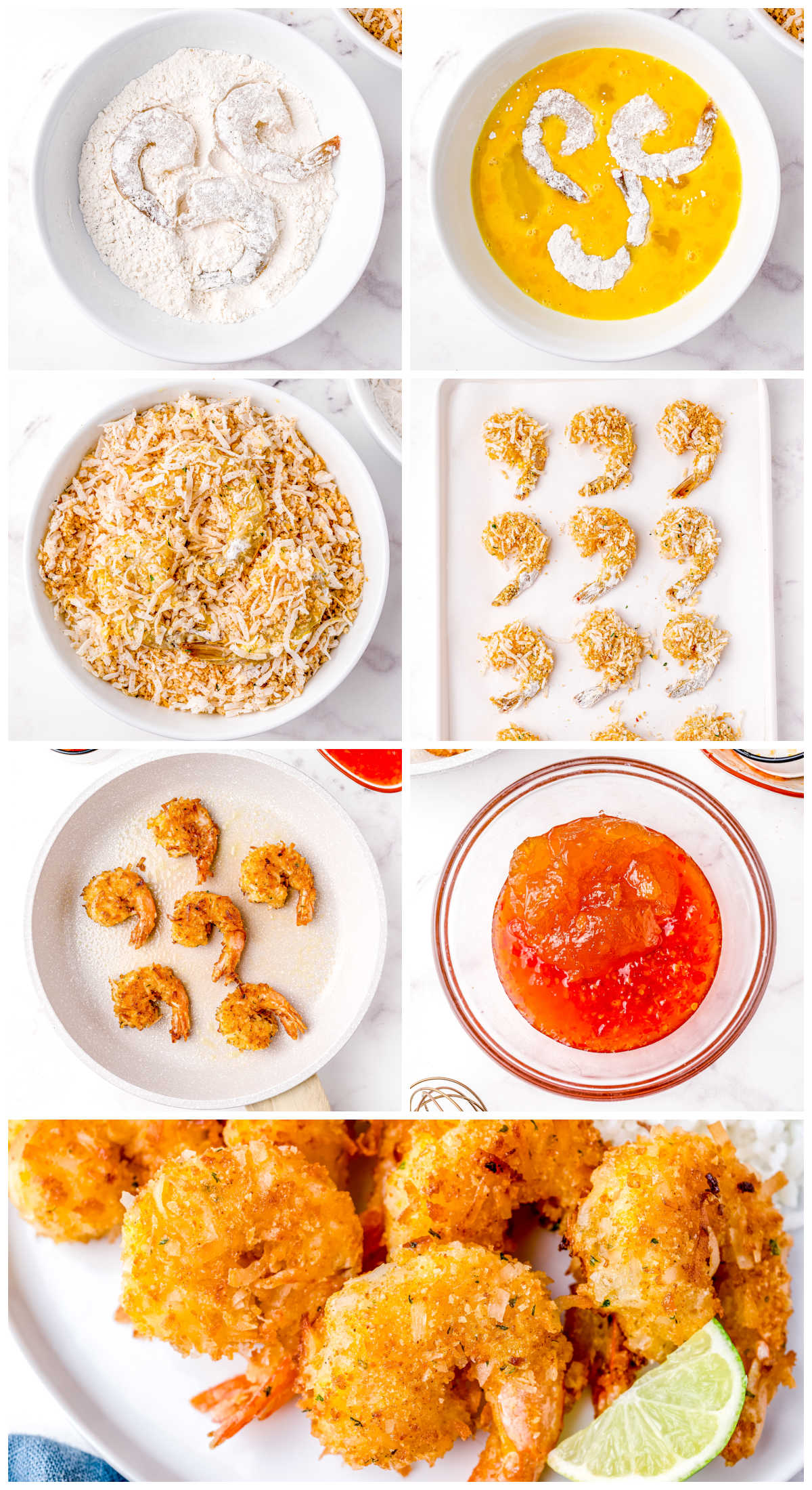 A picture collage showing how to make this Coconut Shrimp recipe.