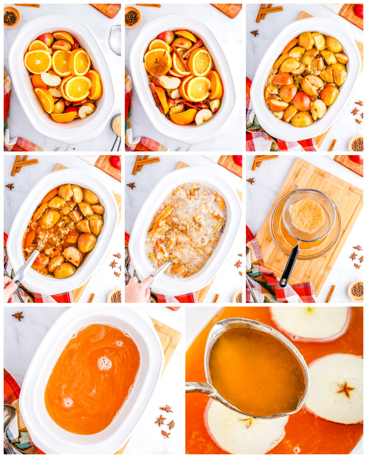A picture collage showing how to make this Homemade Apple Cider recipe.