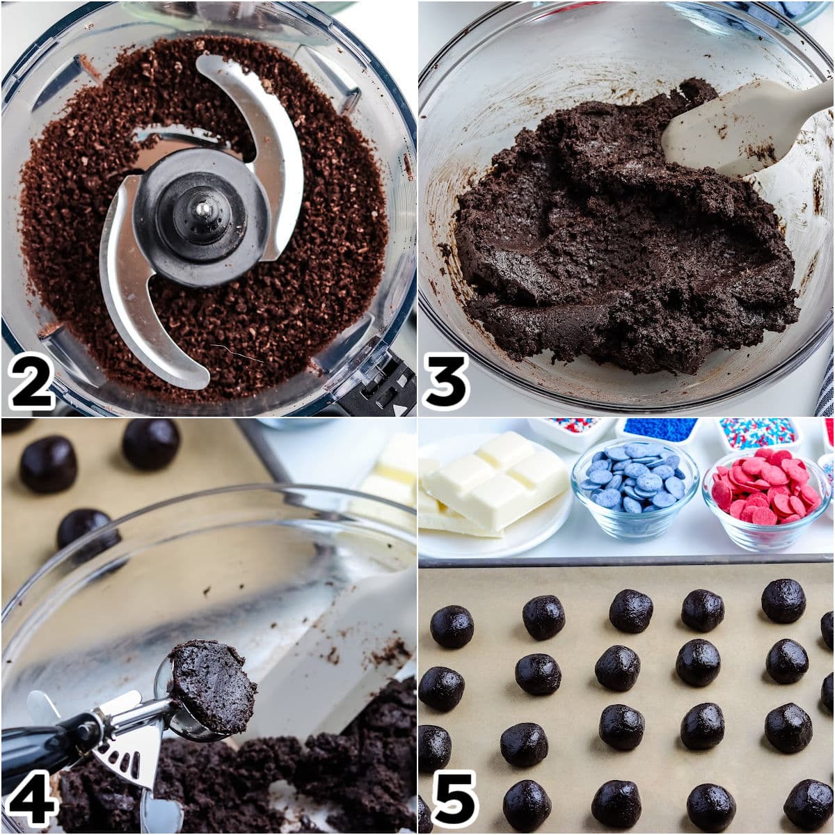 A picture collage showing how to make the truffle filling with Oreos and cream cheese.