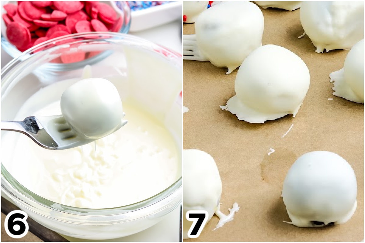 A picture collage showing how to dip the truffles in melted chocolate.