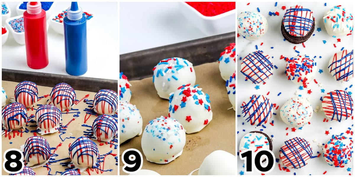 A picture collage showing how to drizzle the truffles with melted colored chocolate and sprinkles.