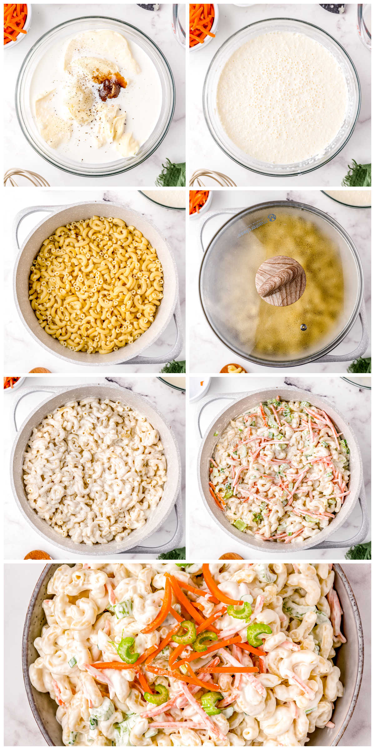 A picture collage showing how to make this Hawaiian Macaroni Salad.