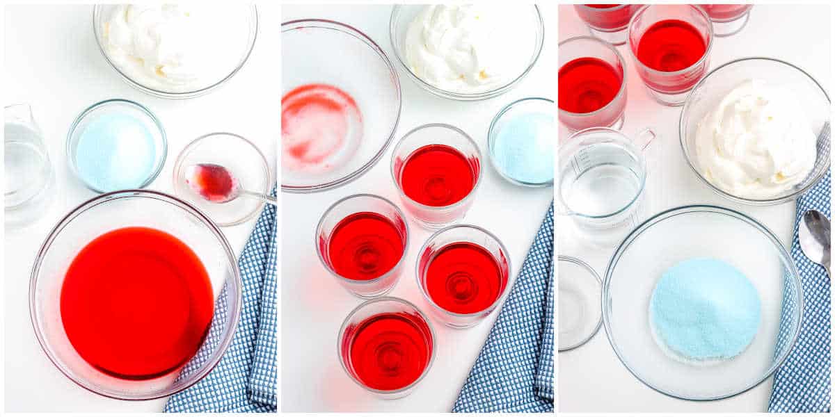 a collage showing how to make jello parfaits by mixing the red jello, pouring it into jars to set, and making the blue jello