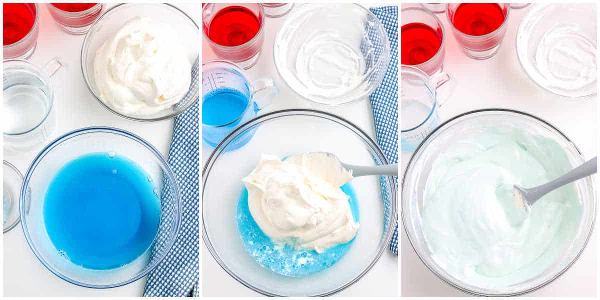 a collage showing how to make jello parfaits by mixing the blue jello, folding in the cool whip, and letting the mixture chill