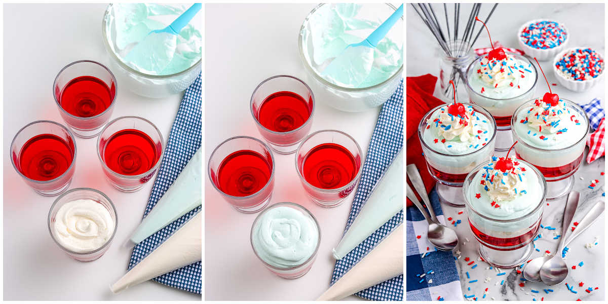 a collage showing how to make jello parfaits by adding the layers to the parfait cups and garnishing with a cherry and sprinkles