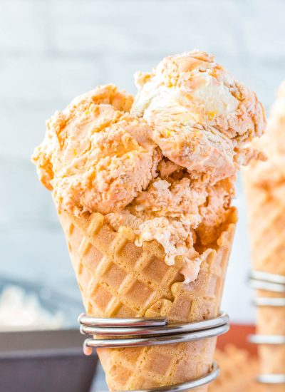 The finished Butterscotch Ice Cream in a waffle cone.