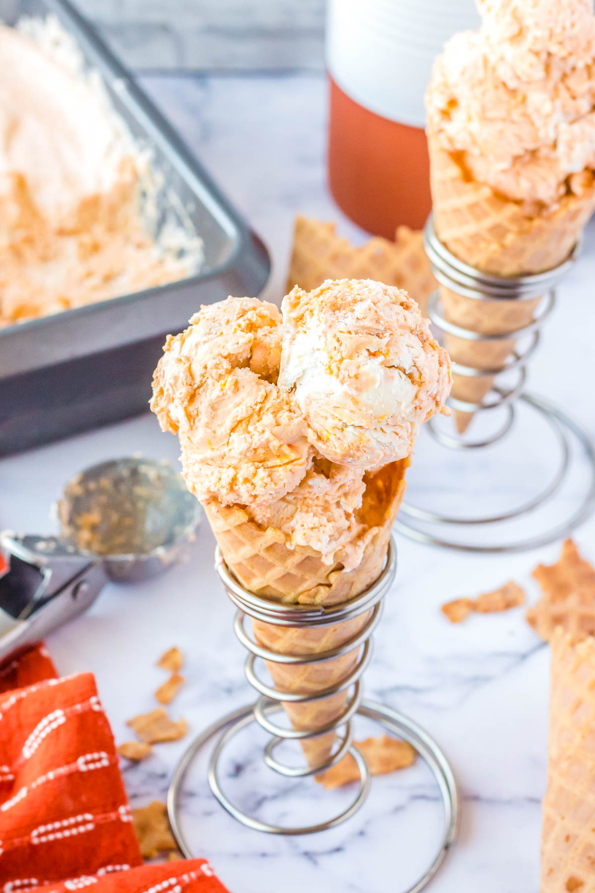 An overhead picture of the finished Butterscotch Ice Cream in a waffle cone.