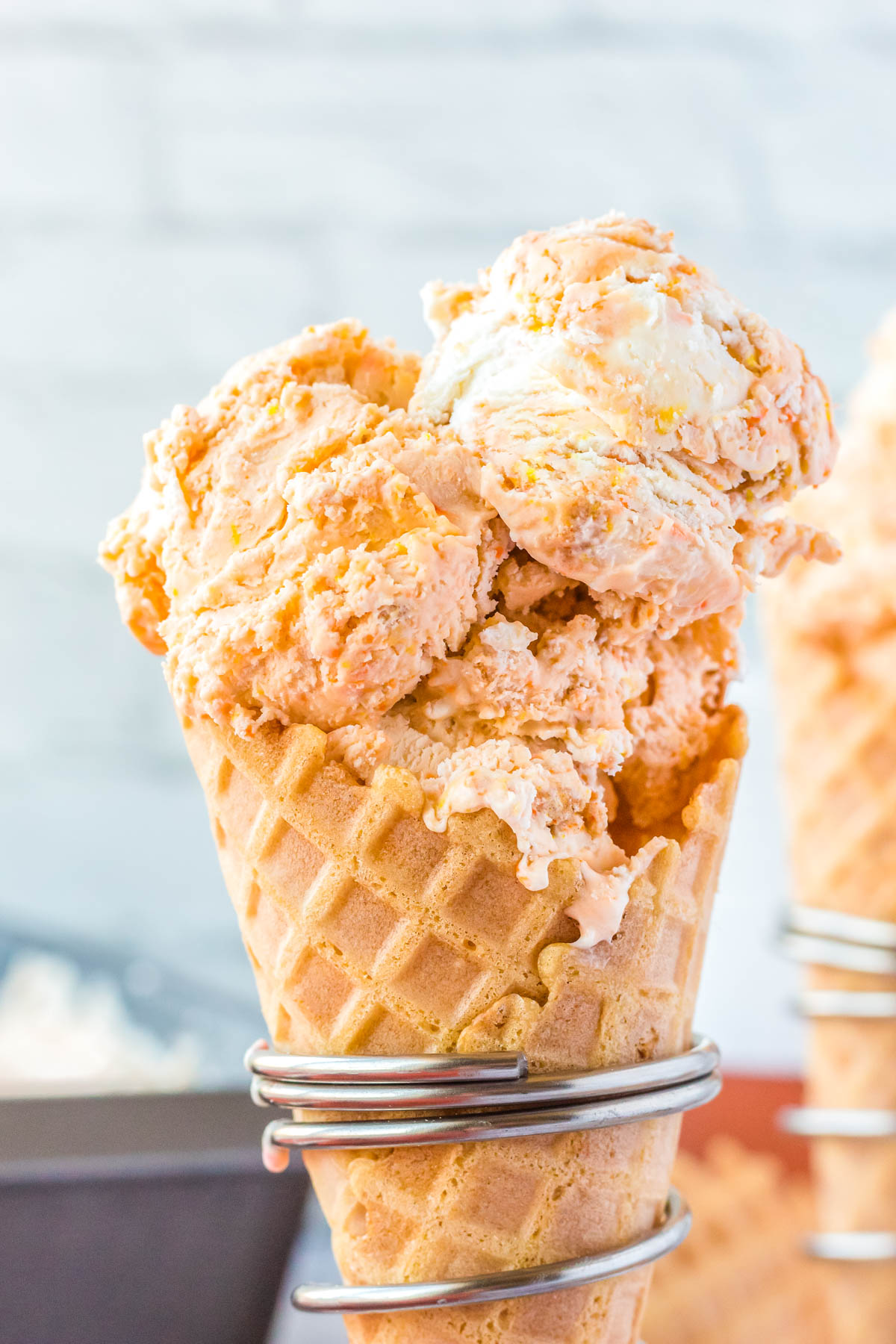 The finished Butterscotch Ice Cream in a waffle cone. 