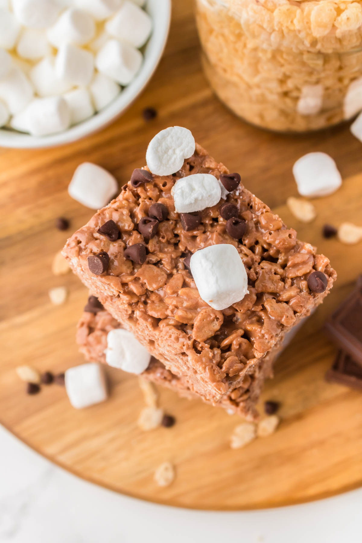 An overhead picture of a stack of the finished Chocolate Rice Krispie Treats recipe.