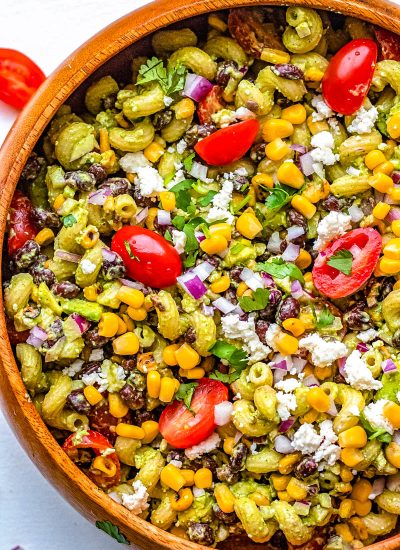 A close up overhead picture of the finished Mexican Pasta Salad.