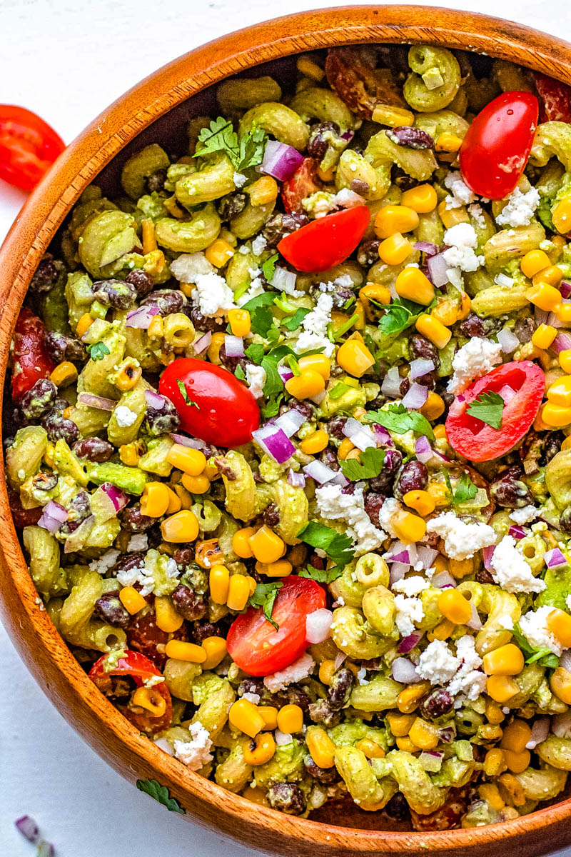 A close up overhead picture of the finished Mexican Pasta Salad. 