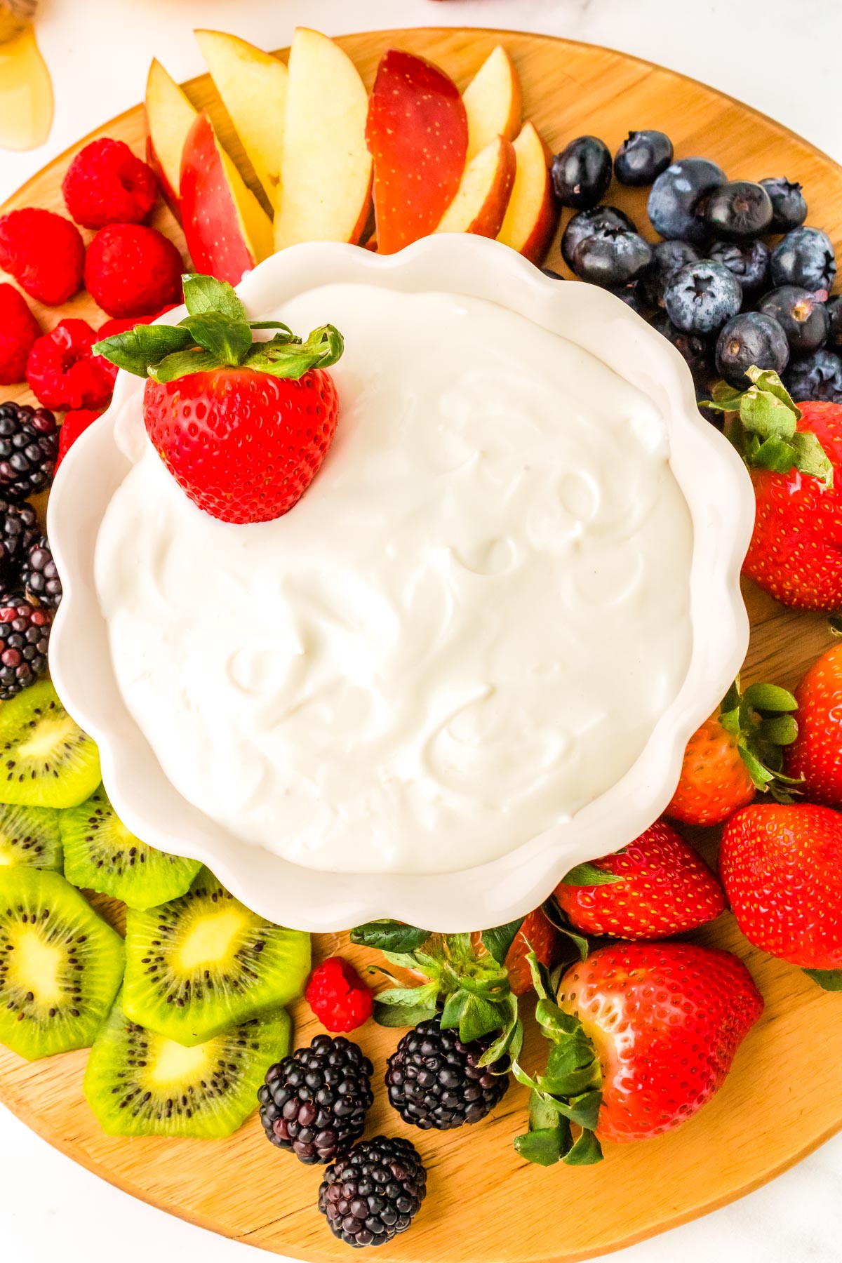 An overhead picture of the finished Cream Cheese Fruit Dip. 