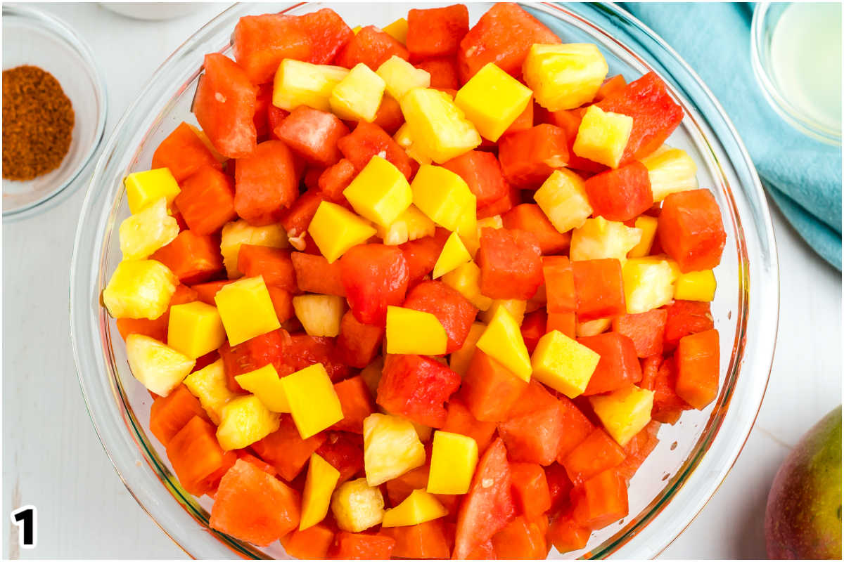 Allof the fruit aded to a mixing bowl.