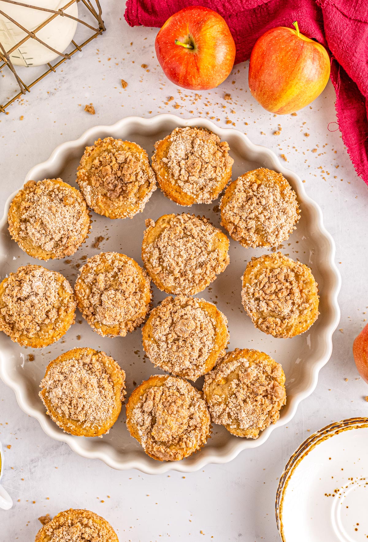 An overhead picture of a plateful of Apple Cinnamon Muffins.